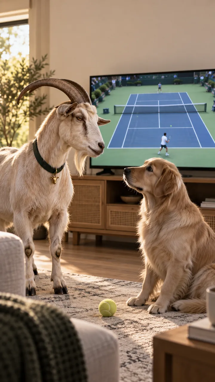 The goat and dog watching tennis together