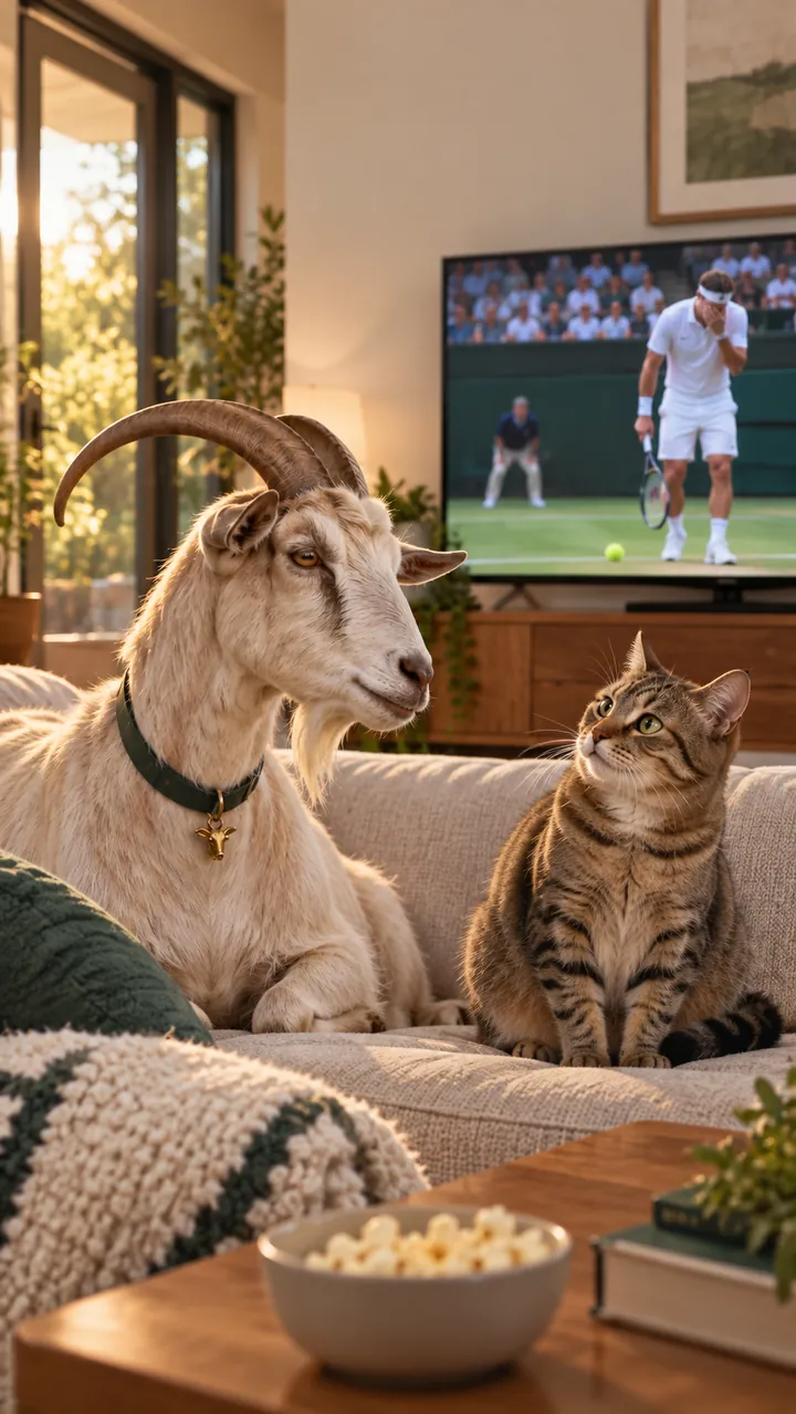 The goat and a cat watching tennis
