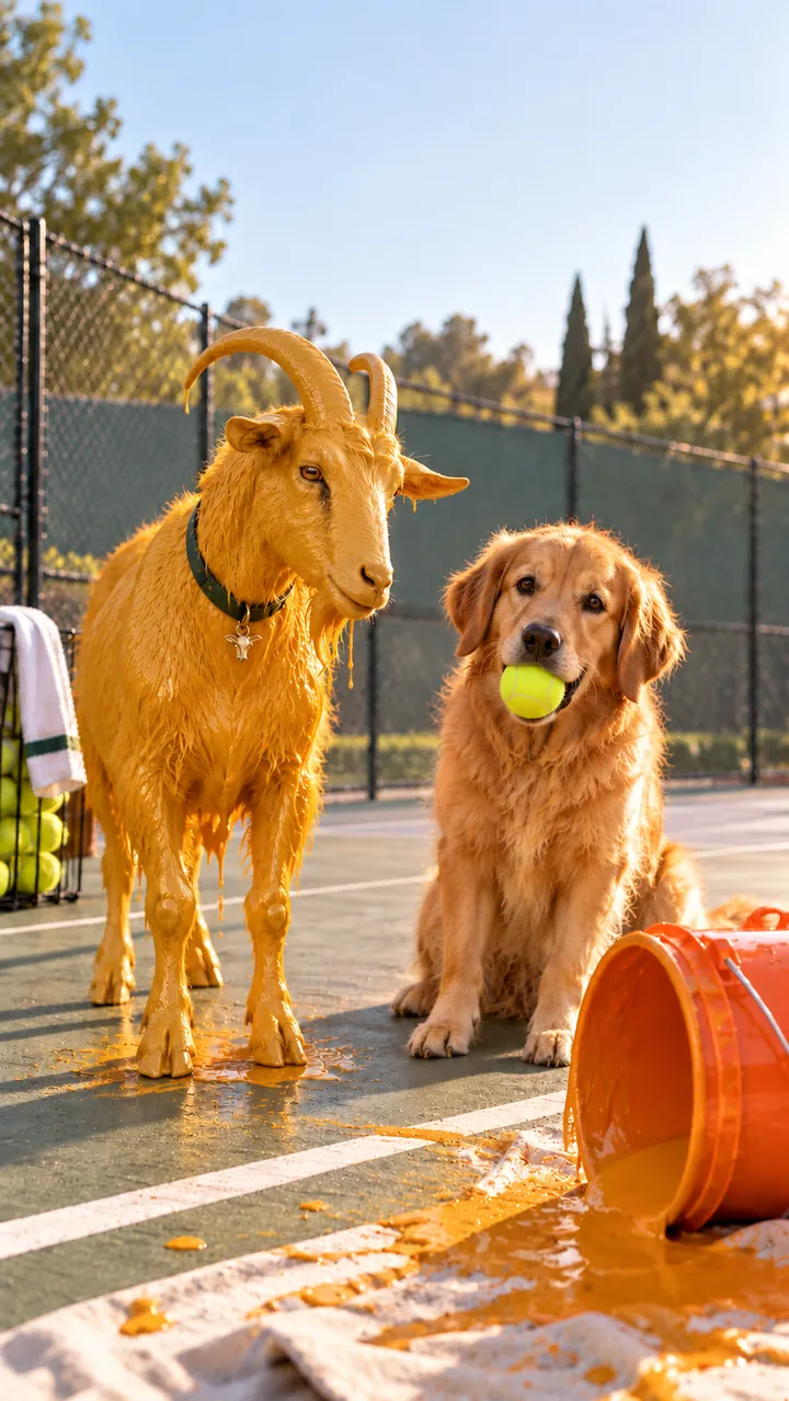 The goat covered in orange paint beside the dog and the tipped paint bucket