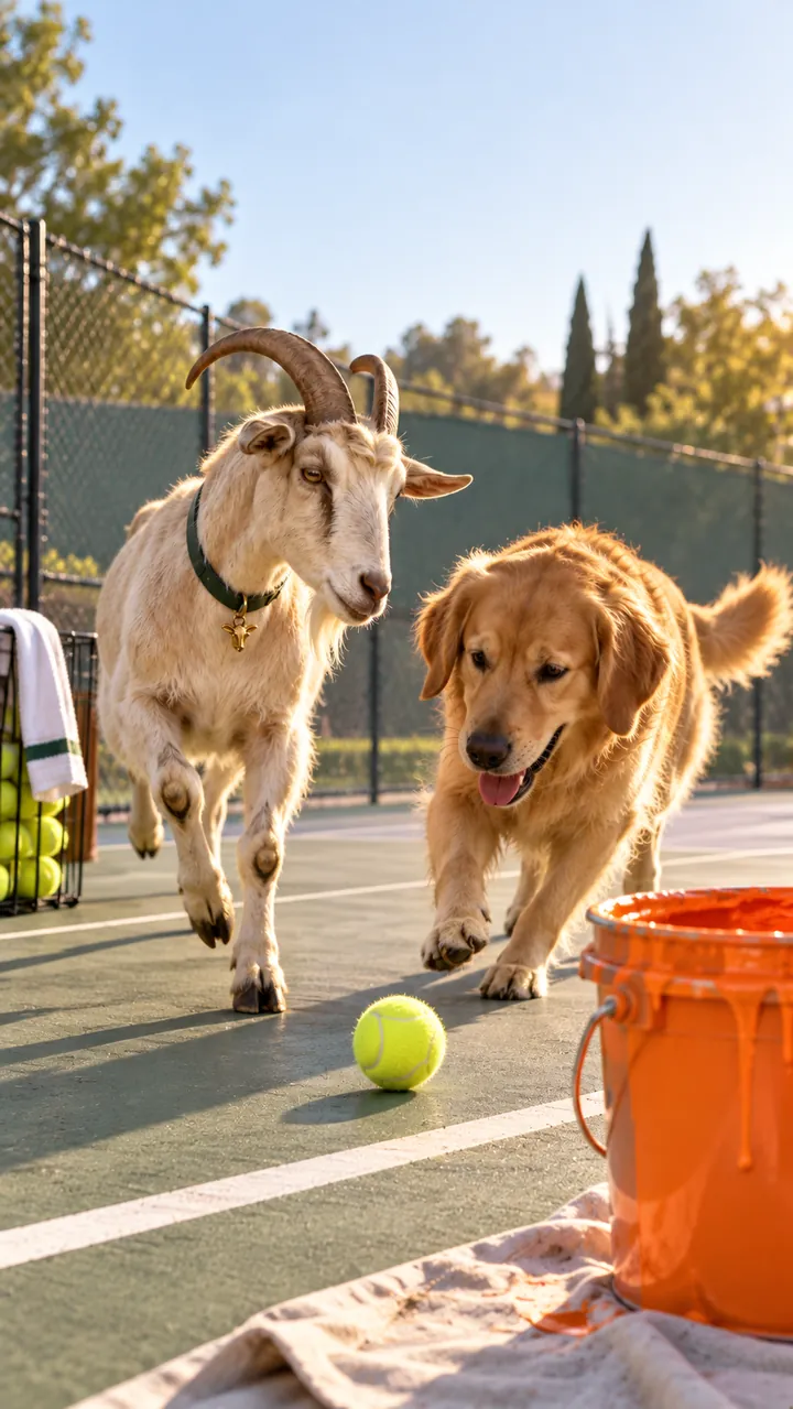 The goat and dog chasing a tennis ball beside a full orange paint bucket